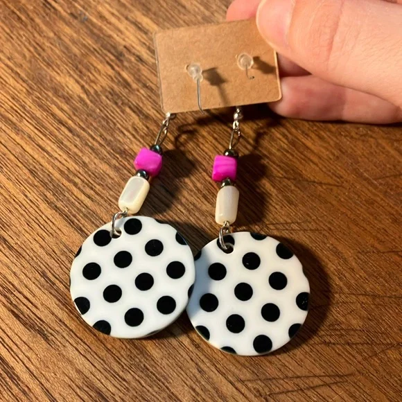 Hand Crafted Black and White Polka Dot Circle Disc Dangle Earrings - Picture 2 of 4